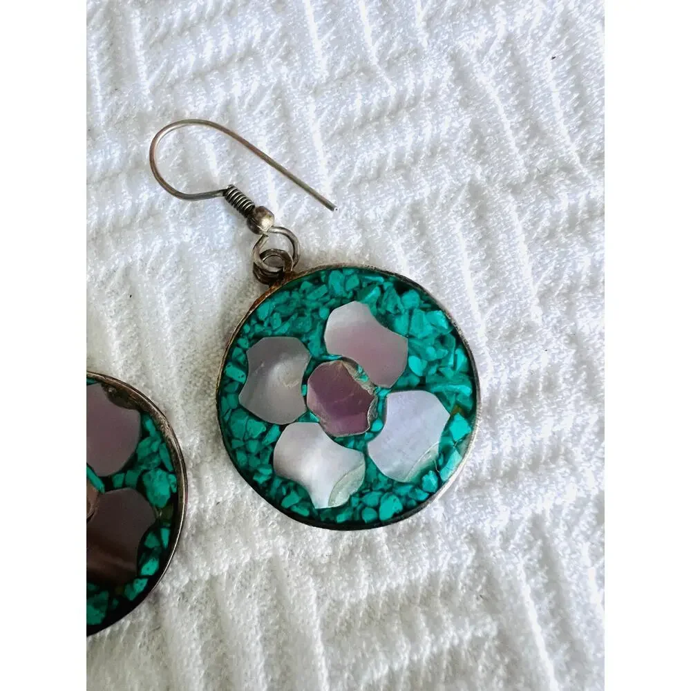 Vintage Mexican Alpaca Earrings Turquoise Abalone Inlay Round Floral Design - Picture 2 of 6